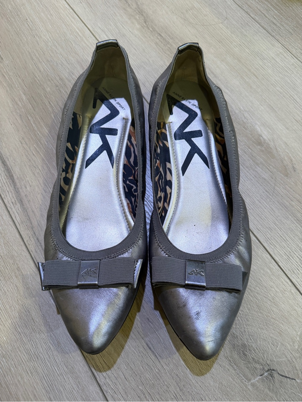 Anne Klein Pewter Pointed Toe Bow Ballet Flats